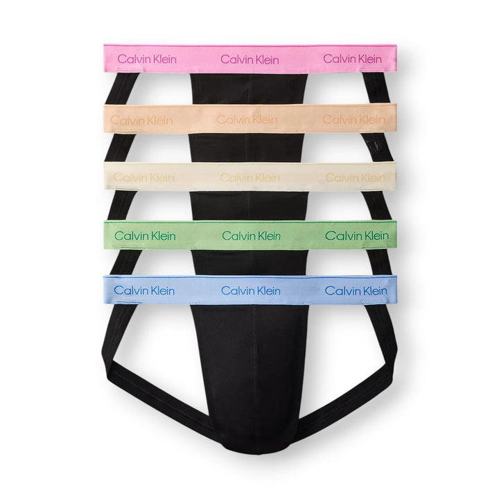 Calvin Klein Icon Cotton Stretch Pride jock strap 5-pack, Black/WB Mardi Gras Multi in white background
