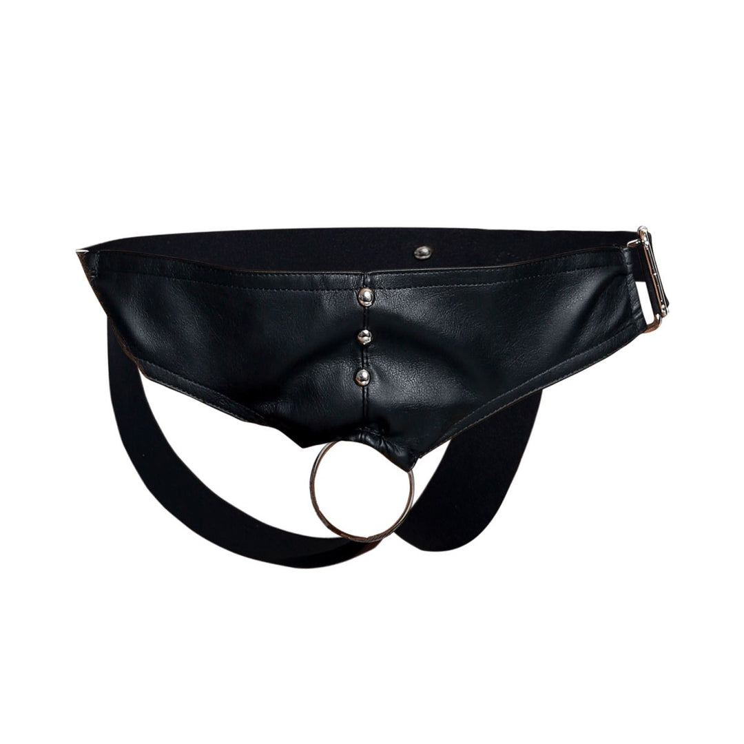 MaleBasics DNGEON C-Ring Jockstrap — Black Faux Leather O-Ring | Men's Fetish Underwear