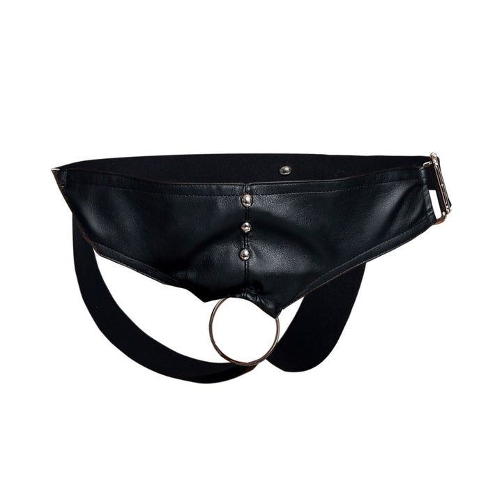 MaleBasics DNGEON C-Ring Jockstrap — Black Faux Leather O-Ring | Men's Fetish Underwear