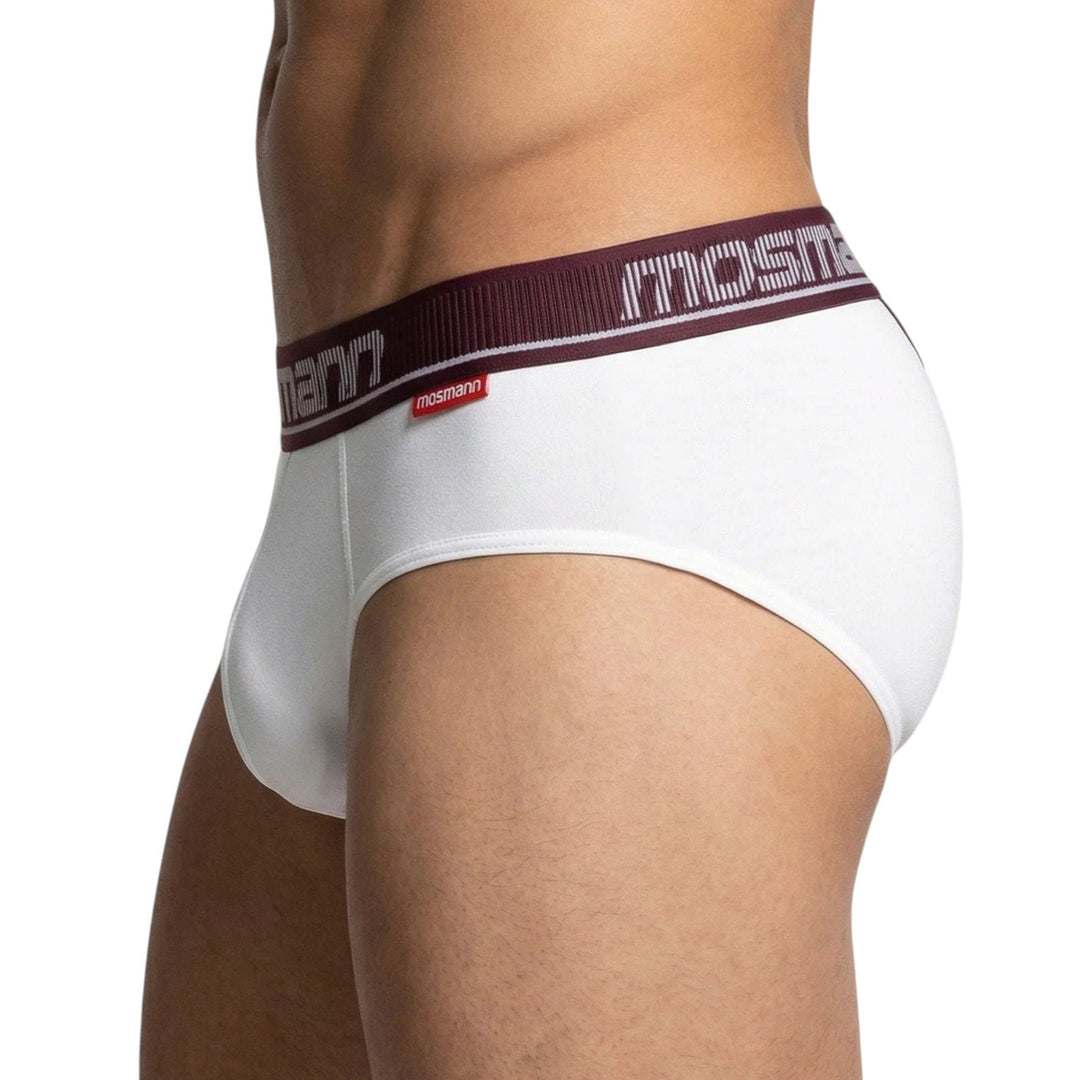 Side view of Mosmann Comfort Core briefs in Zeus on model, showing leg opening and fit
