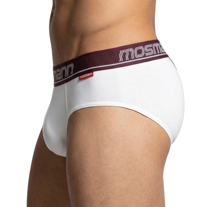 Side view of Mosmann Comfort Core briefs in Zeus on model, showing leg opening and fit

