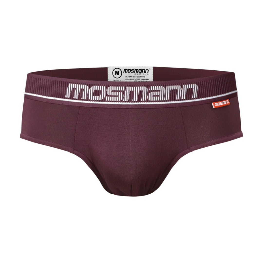 Mosmann Comfort Core bamboo briefs in Apollo (tonal burgundy), front view
