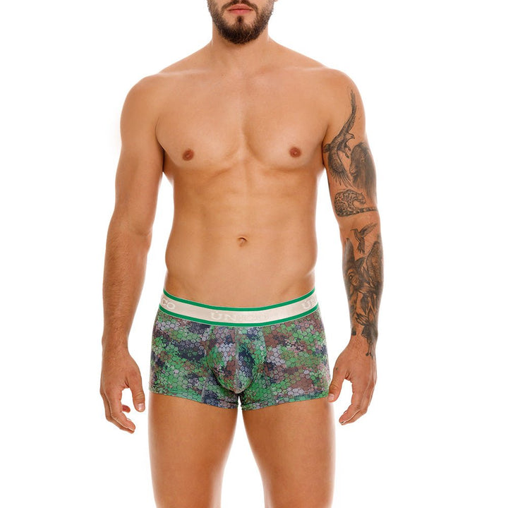 Mundo Unico Men’s Bóxer Corto Corpóreo Verde - Premium Printed Microfiber Short-Leg Trunk with Ergonomic Support Pouch
