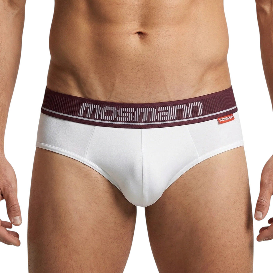 Man wearing Mosmann Comfort Core briefs in Zeus, front view showing contoured pouch and waistband fit
