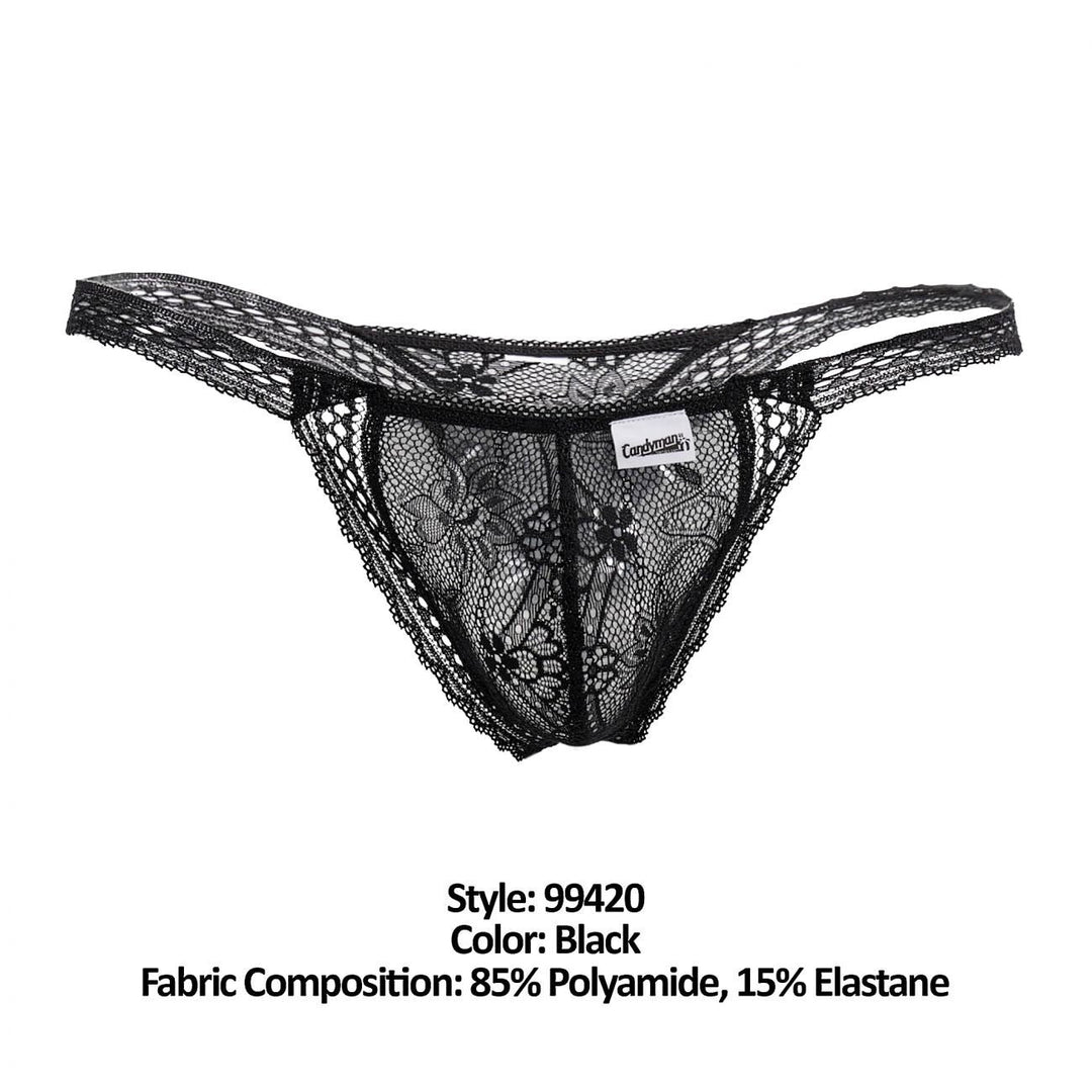 CandyMan men's black 99420 double lace thong – no-show stretch lace minimal underwear