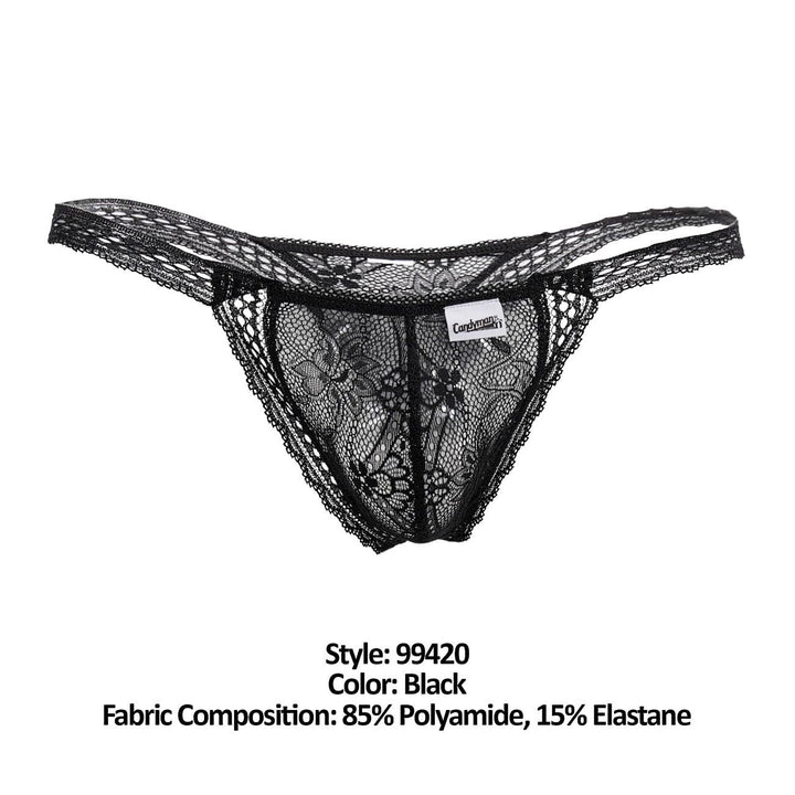 CandyMan men's black 99420 double lace thong – no-show stretch lace minimal underwear