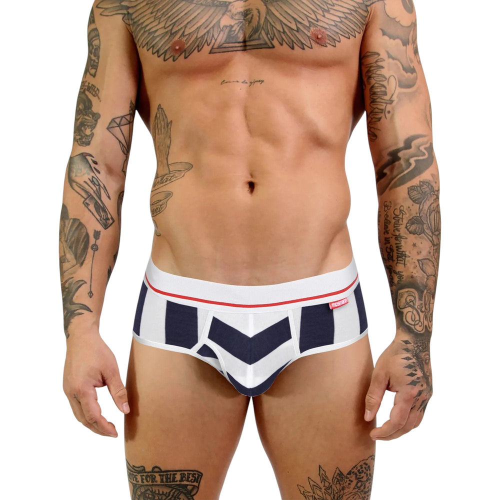 Man wearing Mosmann Olympia navy chevron bamboo briefs, front view