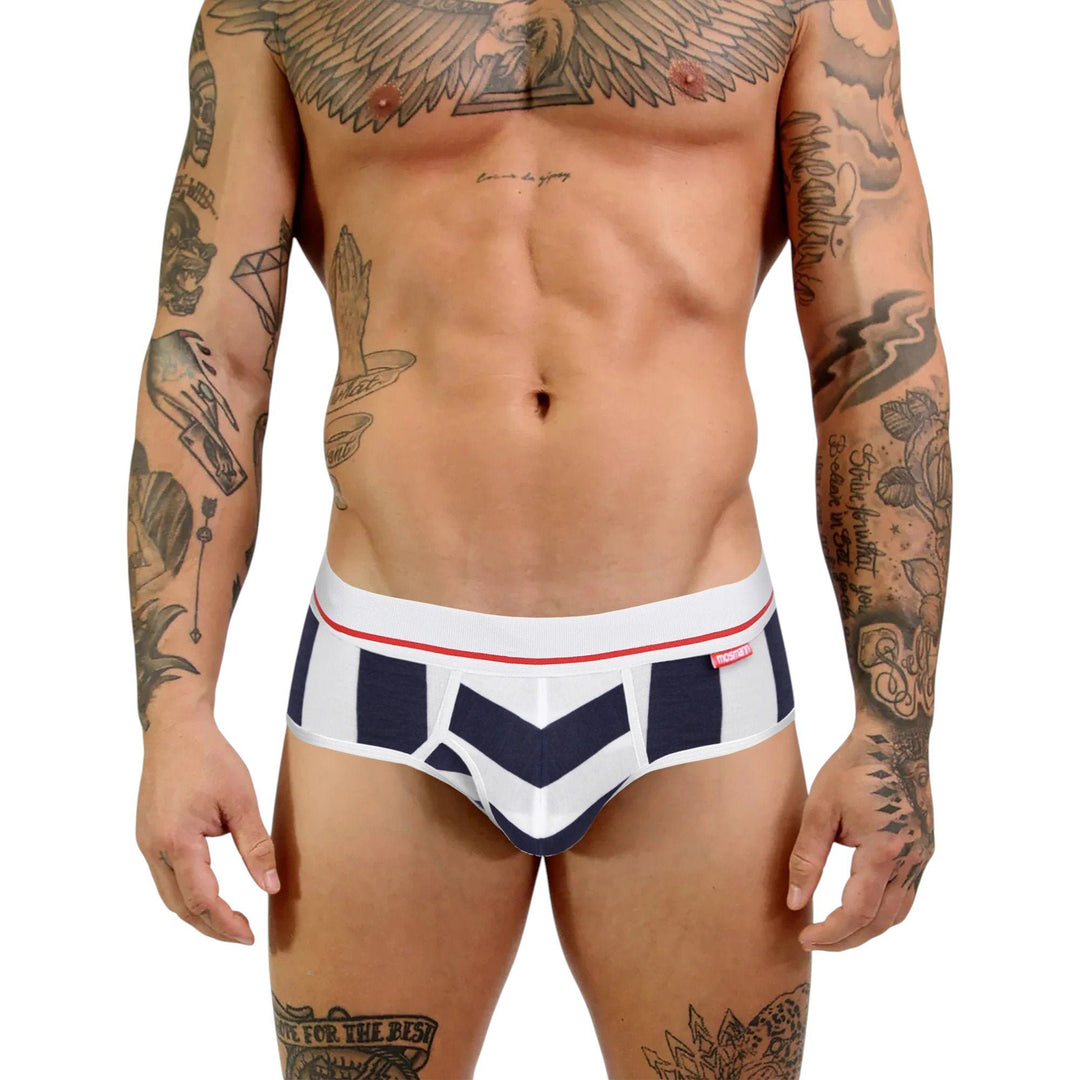 Man wearing Mosmann Olympia navy chevron bamboo briefs, front view