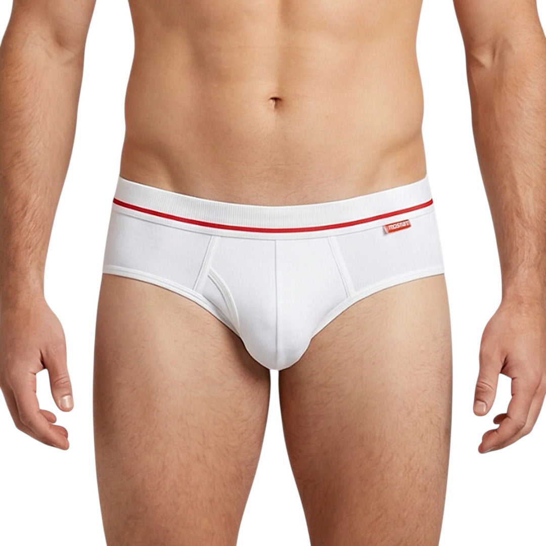 Man wearing Mosmann Knights white bamboo briefs, front view
