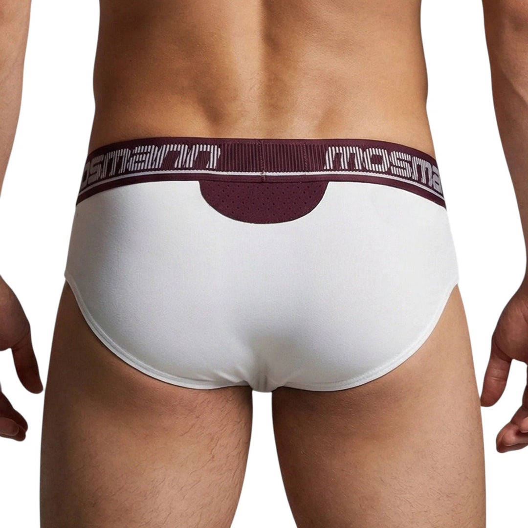 Back view of Mosmann Comfort Core briefs in Zeus on model showing rear ventilation panel and fit