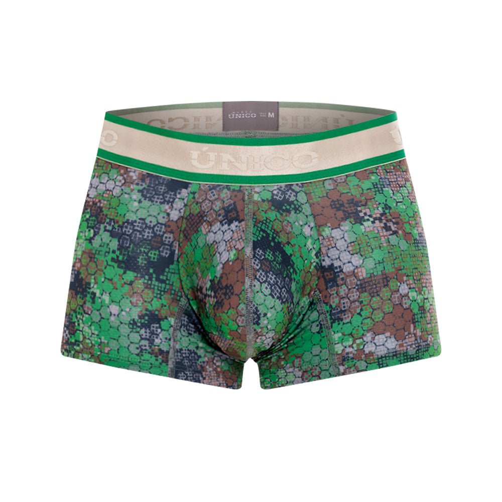Mundo Unico Men’s Bóxer Corto Corpóreo Verde - Premium Printed Microfiber Short-Leg Trunk with Ergonomic Support Pouch