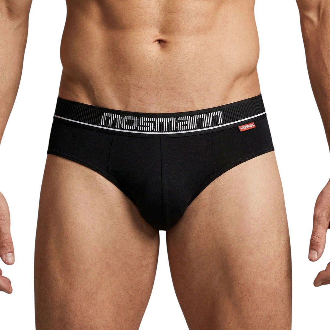 Man wearing Mosmann Comfort Core briefs in Ulysses black, front view
