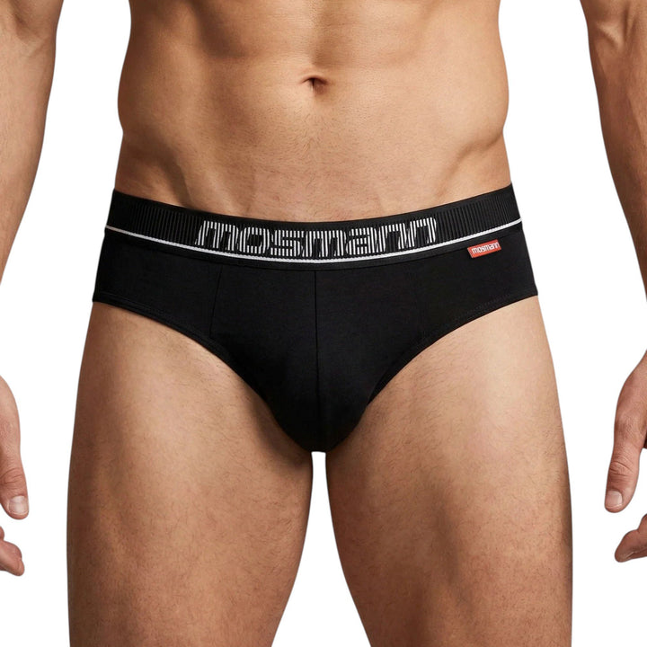 Man wearing Mosmann Comfort Core briefs in Ulysses black, front view
