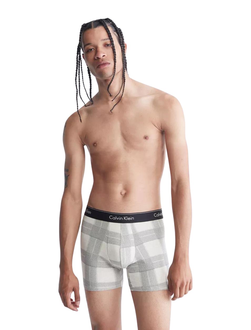 Calvin Klein Men's Modern Cotton Stretch Holiday Plaid Boxer Brief | Textured Plaid Oatmeal Heather