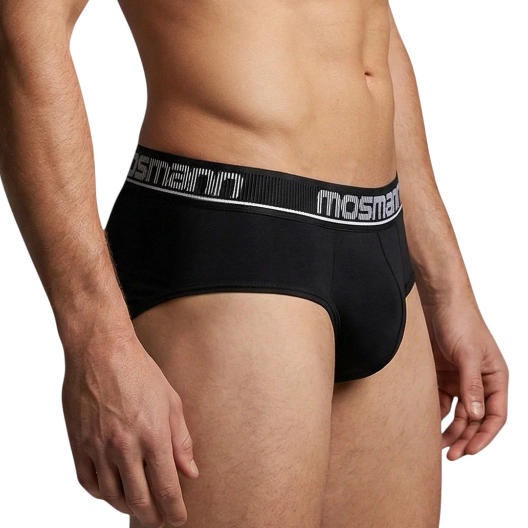 Side view of Mosmann Comfort Core briefs in Ulysses on model, showing waistband fit
