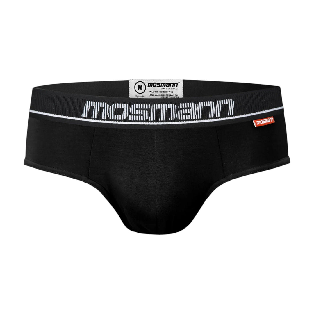 Mosmann Comfort Core bamboo briefs in Ulysses (tonal black), front view
