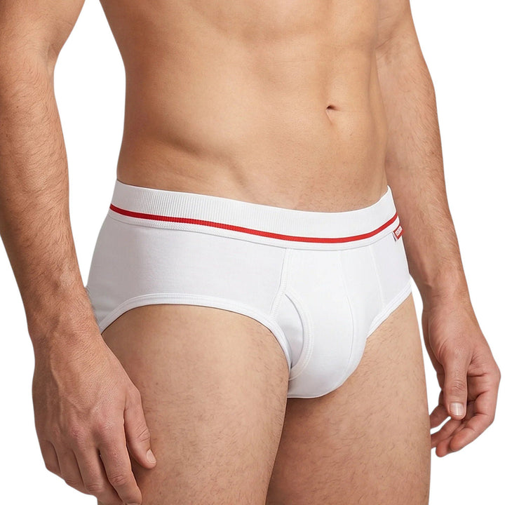 Side view of Mosmann Knights bamboo briefs on model, showing waistband fit
