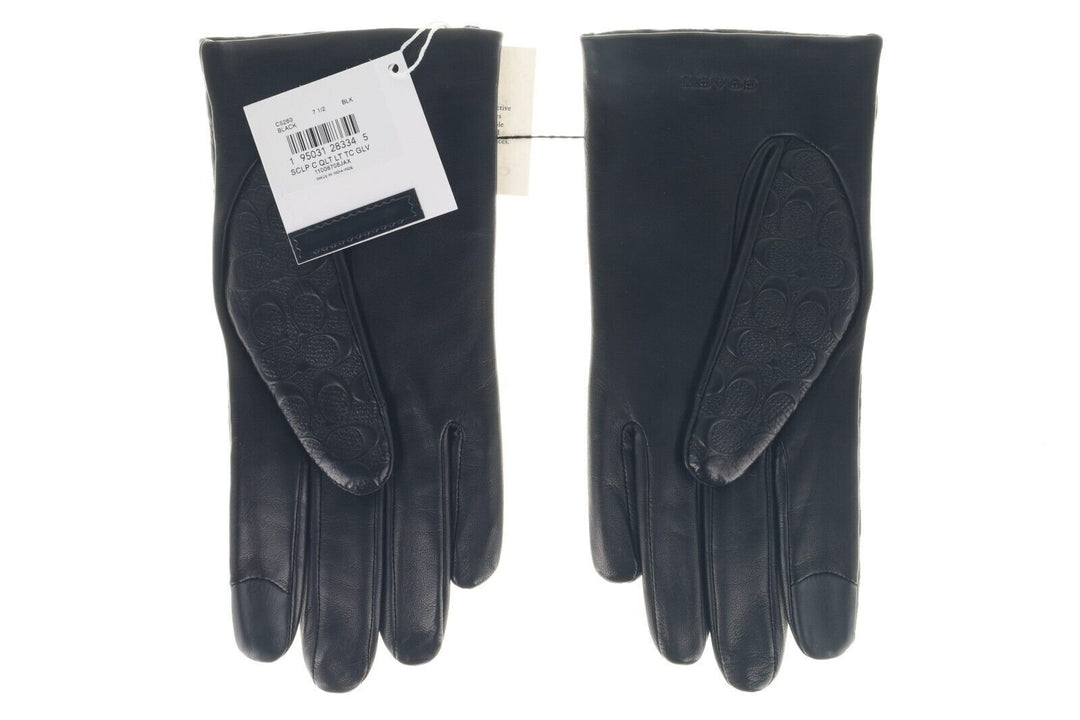 Coach Signature Leather Tech Gloves Embossed Black