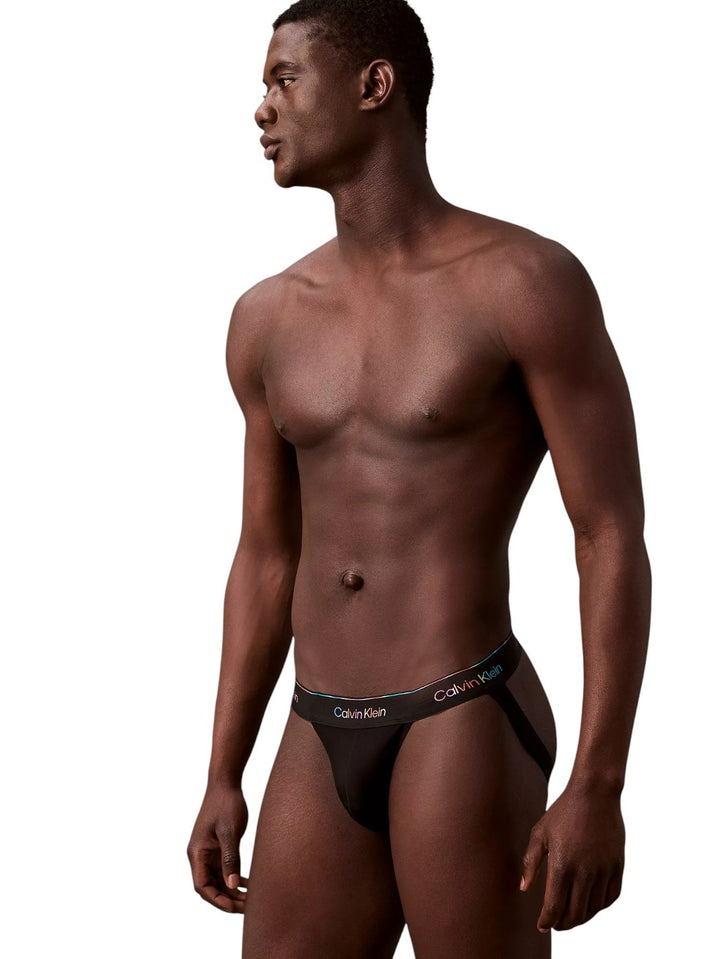 Calvin Klein Men's Microfiber Stretch Pride Jock Strap - Rainbow Logo Low Rise Jockstrap, Moisture Wicking Black