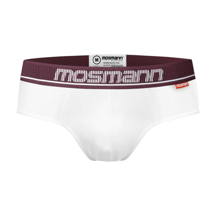 Mosmann Comfort Core bamboo briefs in Zeus (white with burgundy waistband), front view
