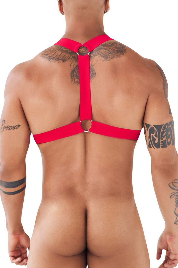 Xtremen men's red C-ring body harness – racer-back O-ring fetish harness