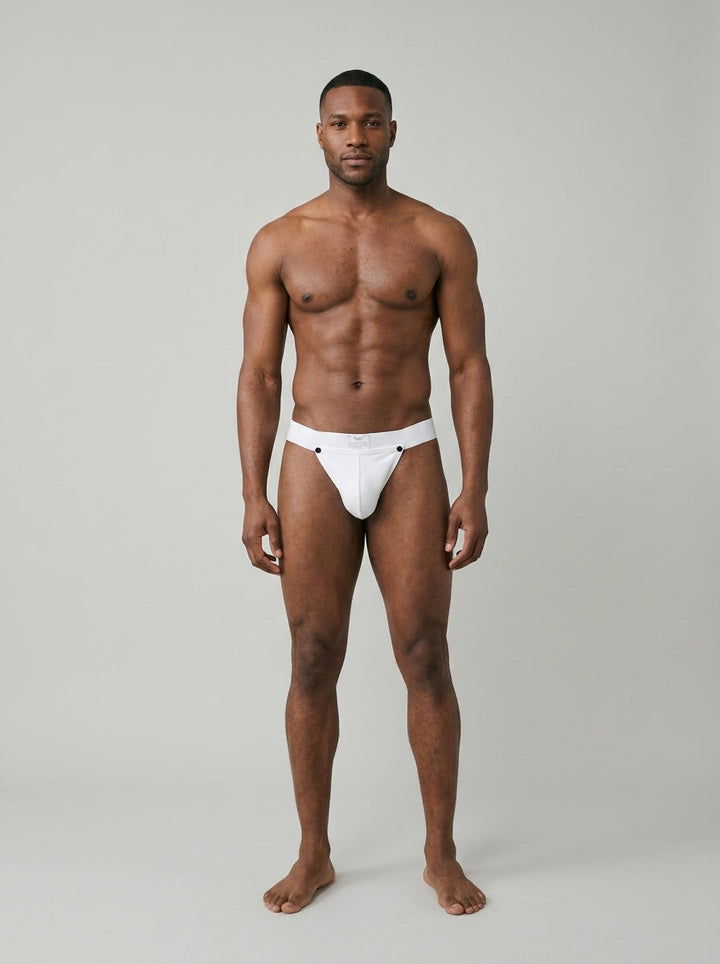 HisJock Snap Thong in white – men's snap-release thong with removable snap pouch